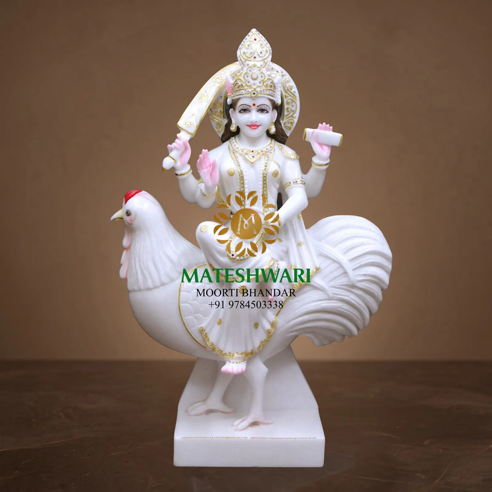 Bahuchara Mata White Marble Murti with Rooster Vahan