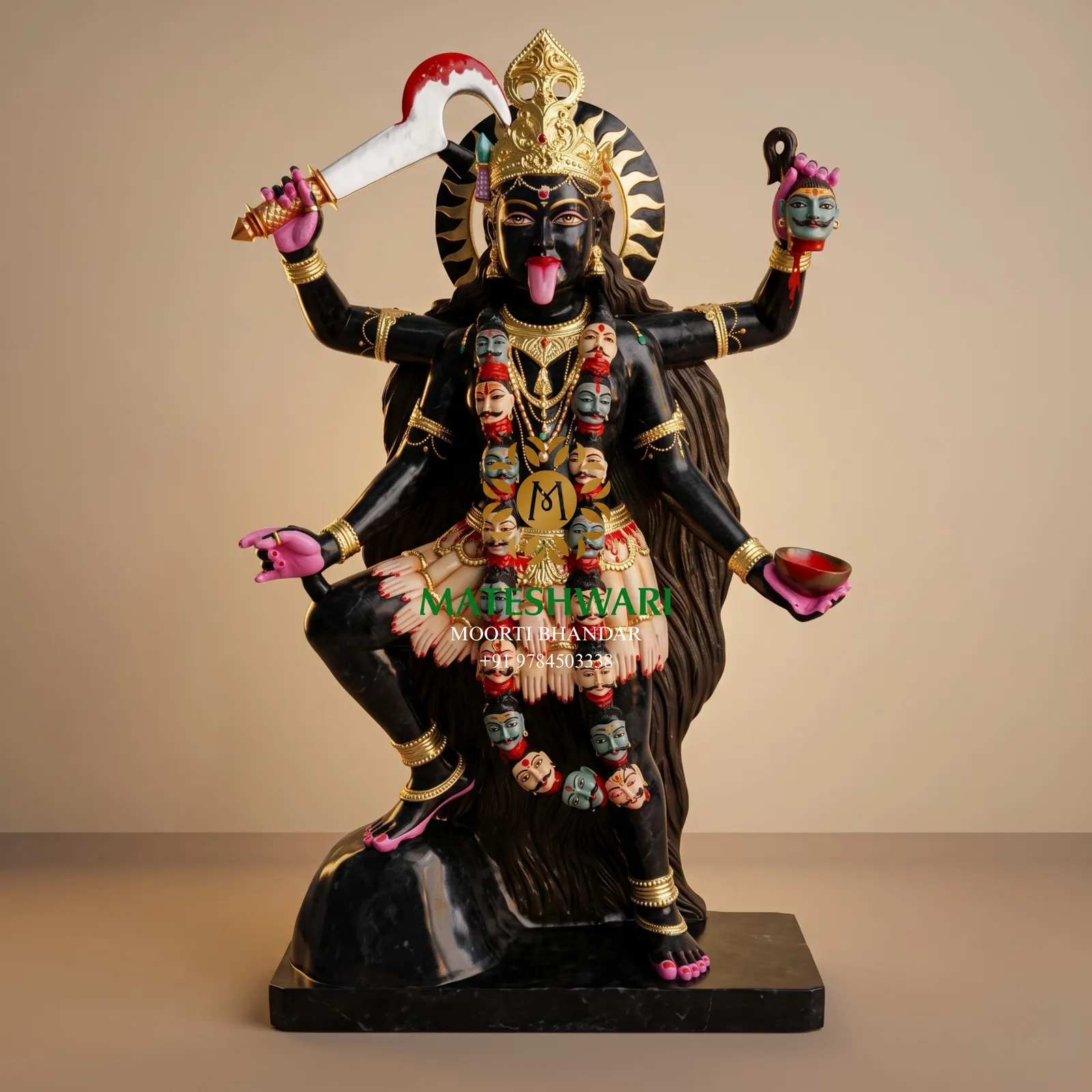 Black Marble Kali Mata Murti with Colorful Detailing