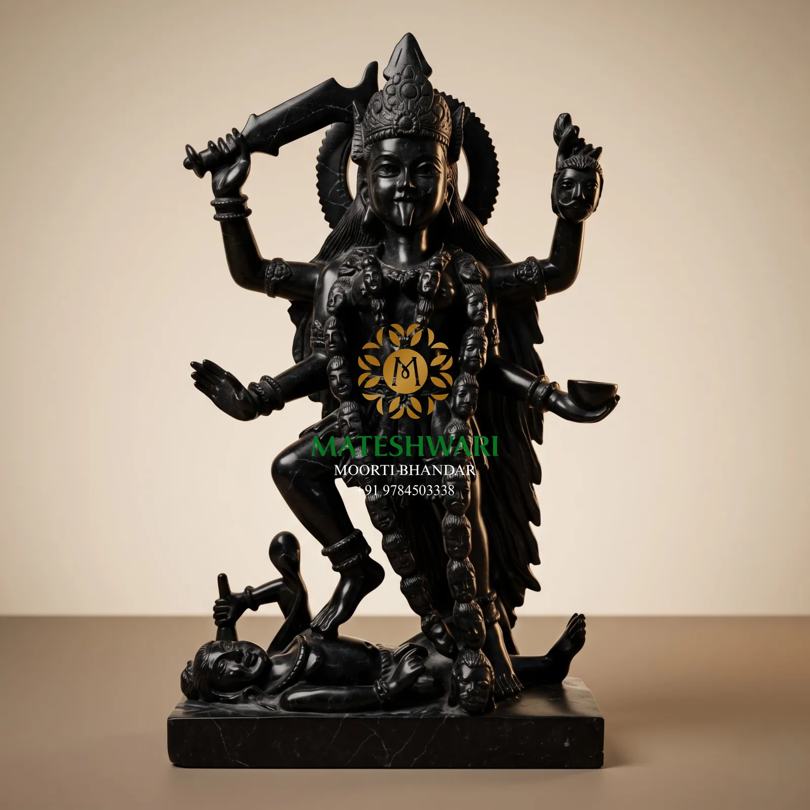 Black Marble Kali Mata Murti with Ornate Crown