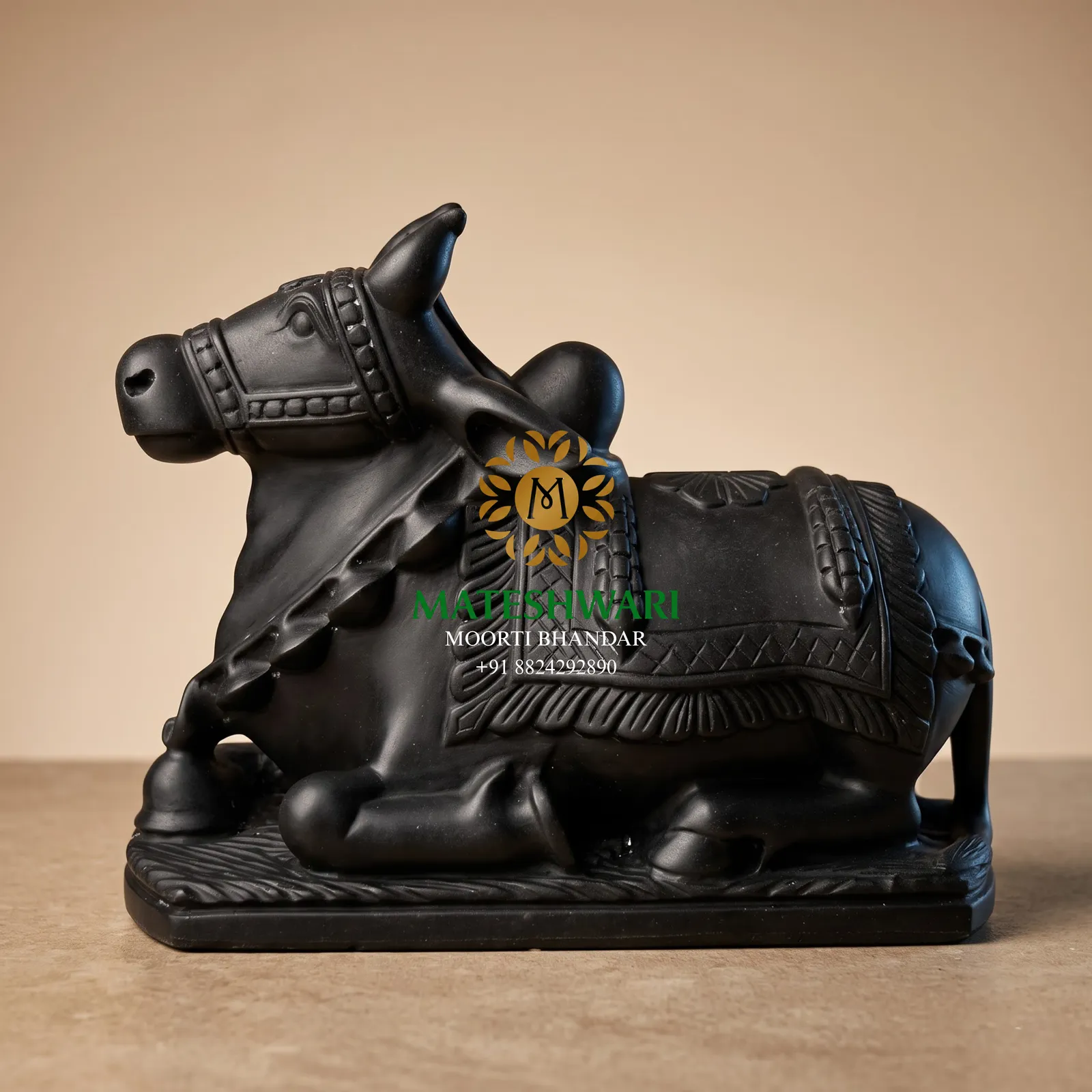 Black Marble Nandi Murti with Intricate Carving