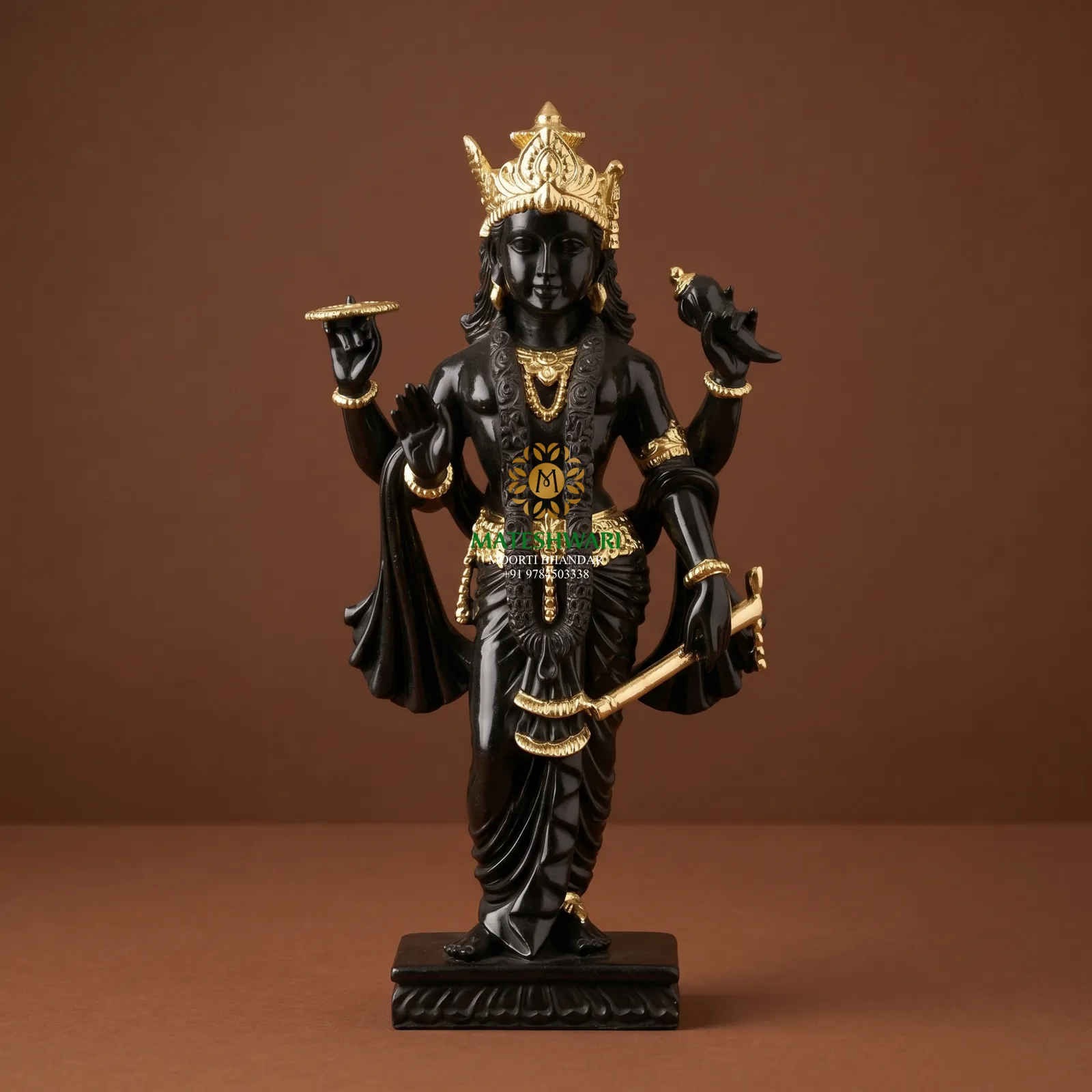 Black Marble Vishnu Murti with Golden Ornaments