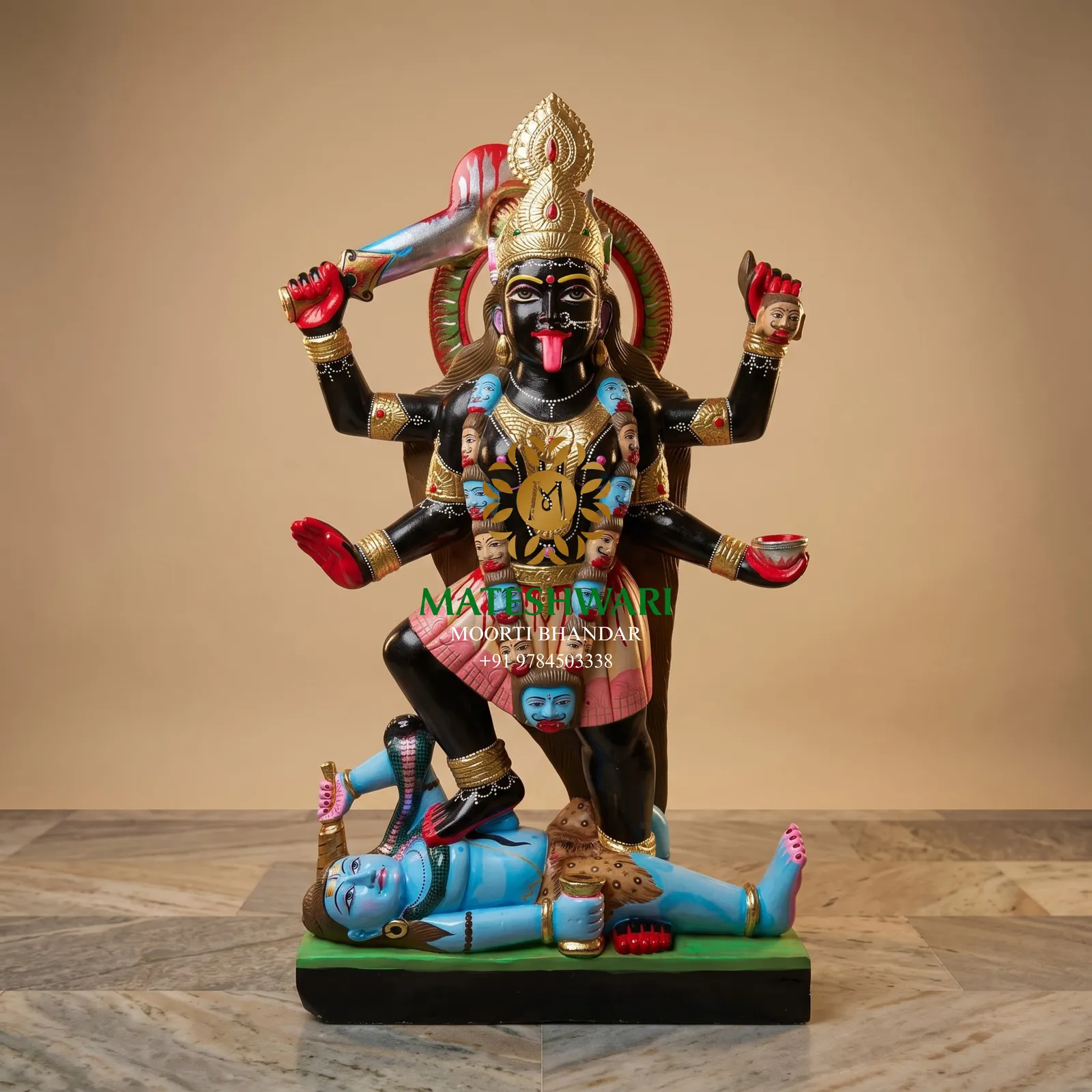 Black Marble Kali Mata Murti with Golden Detailing