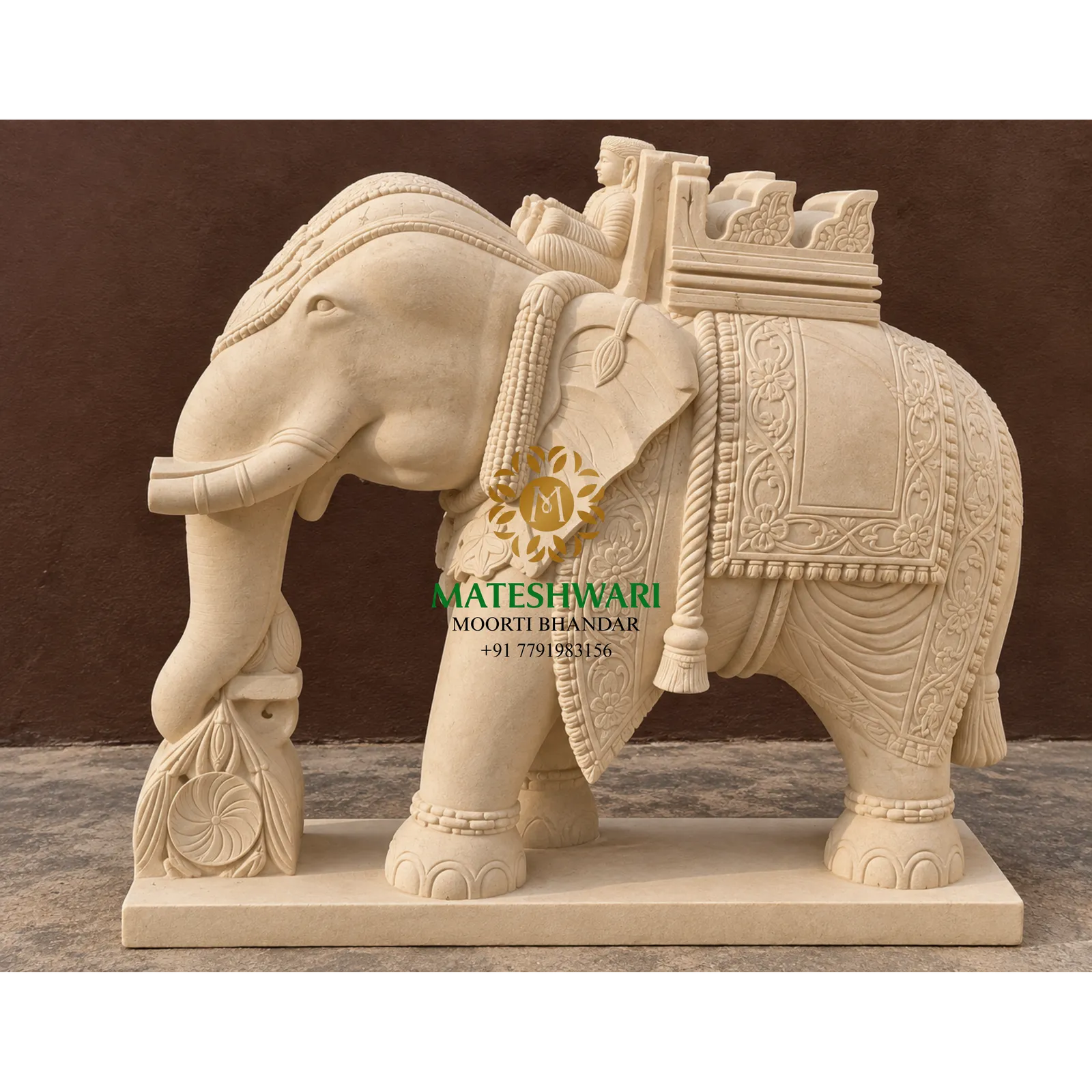 Cream Marble Elephant Murti with Ornamental Saddle