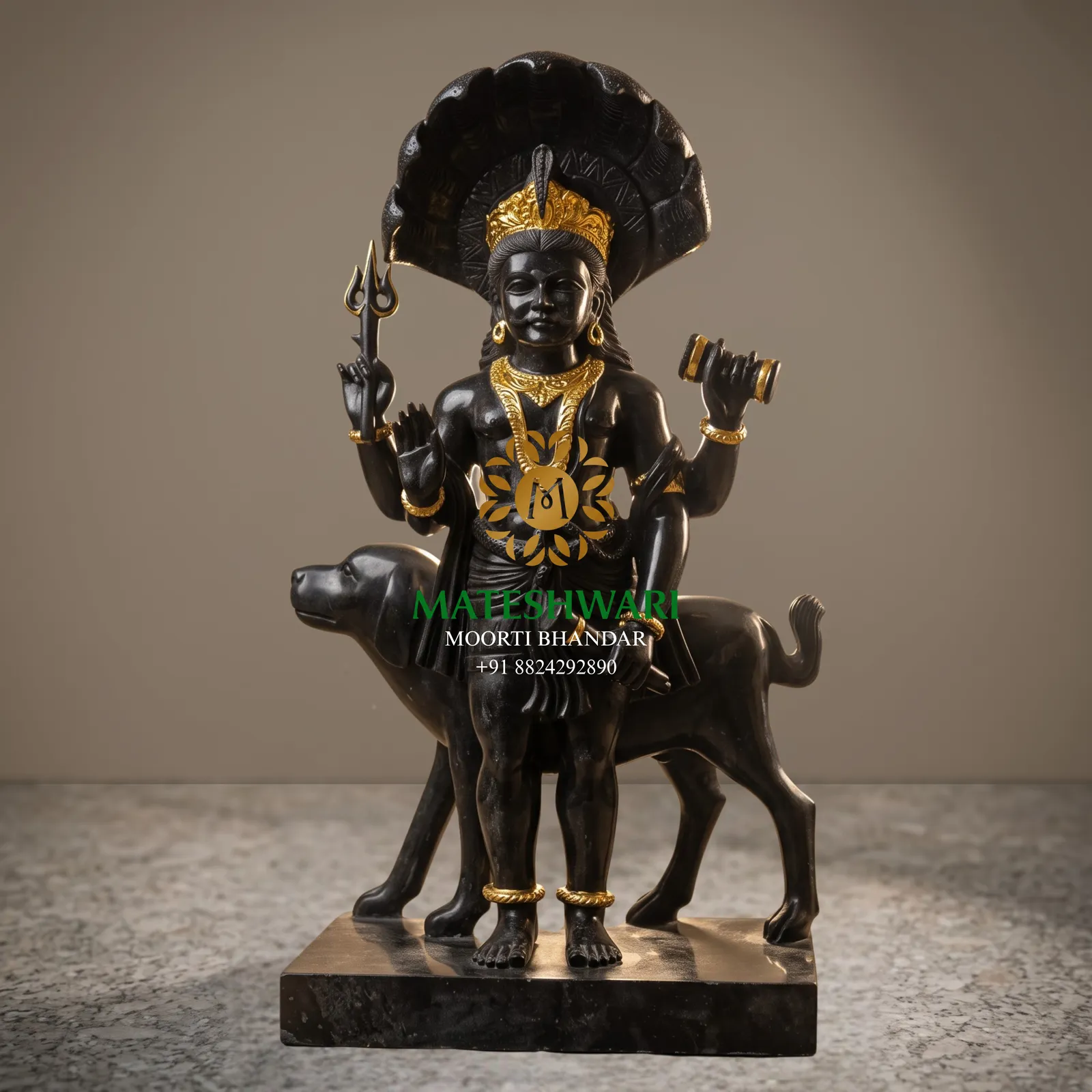Kaal Bhairav Black Marble Murti with Golden Detailing