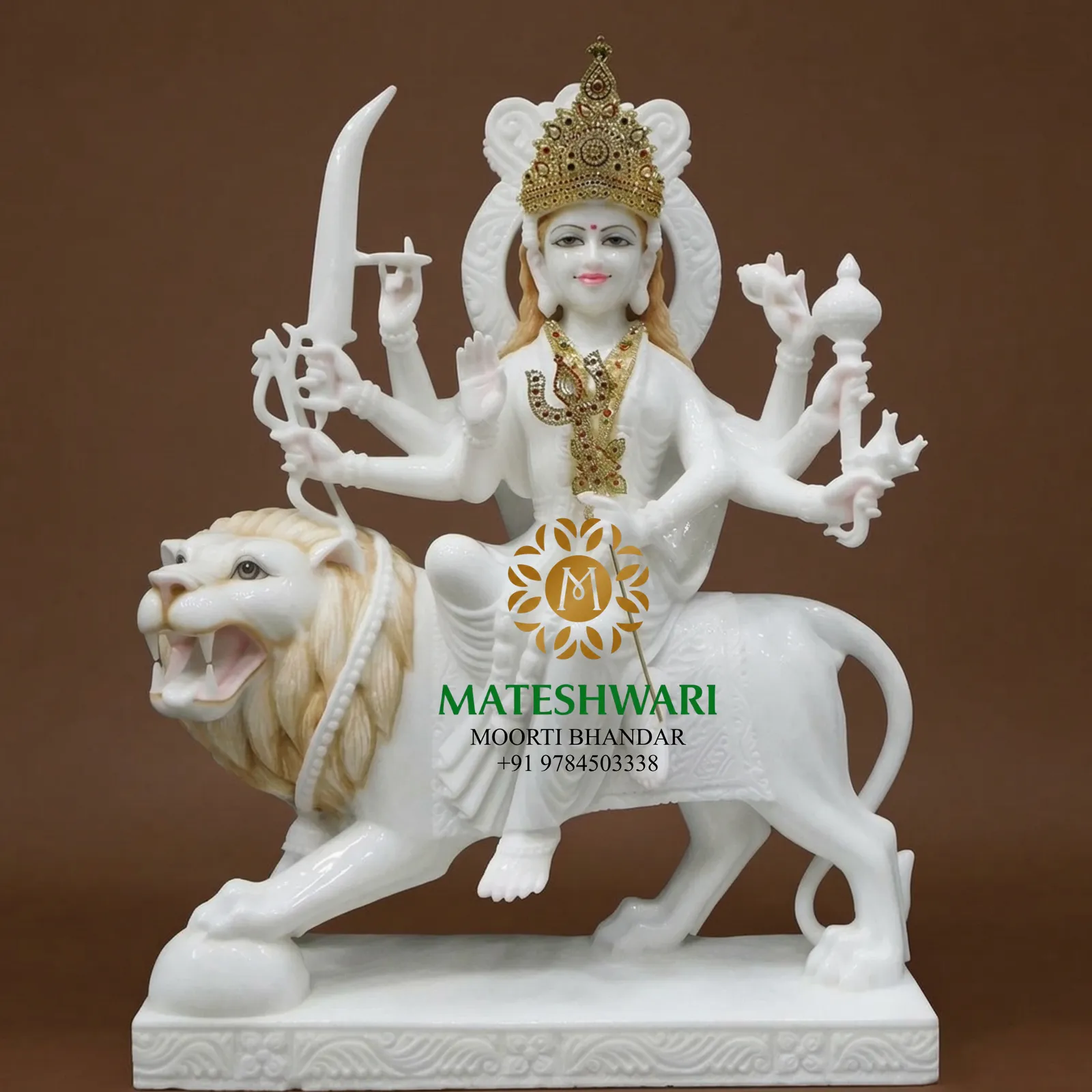 Mateshwari White Marble Durga Maa Murti with Golden Detailing