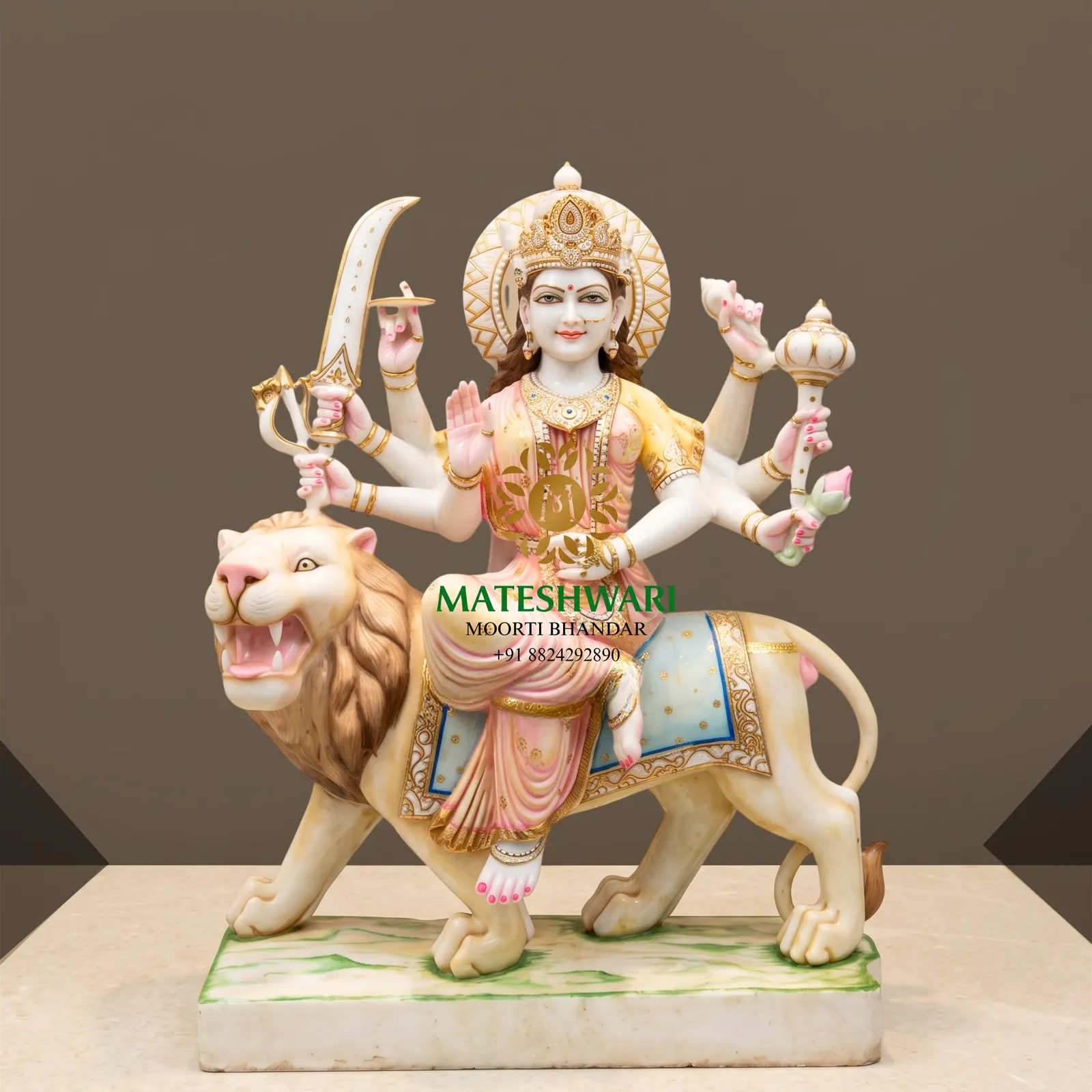 Mateshwari White Marble Durga Maa Murti with Pink & Golden Detailing