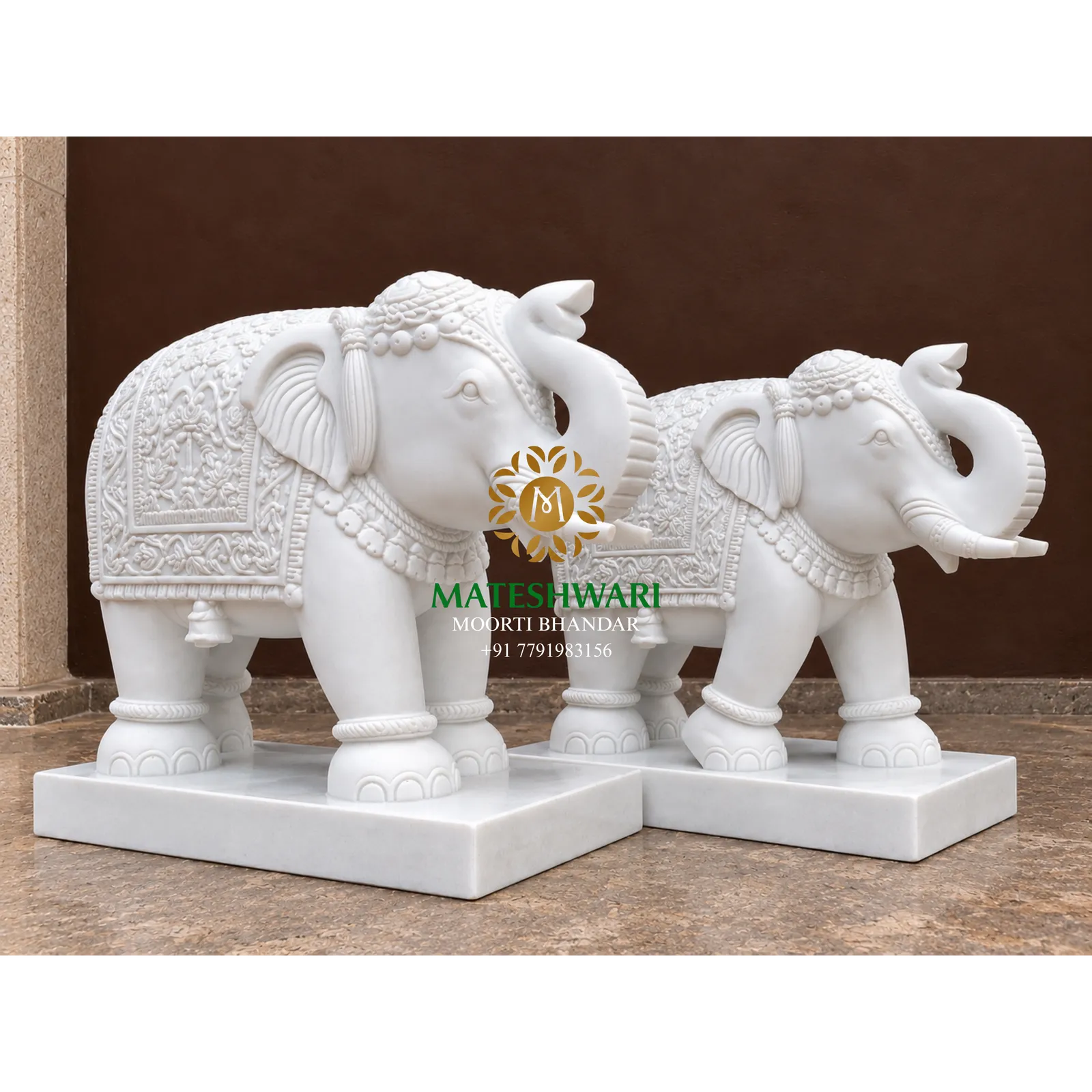 White Marble Elephant Murti Pair with Ornamental Detailing