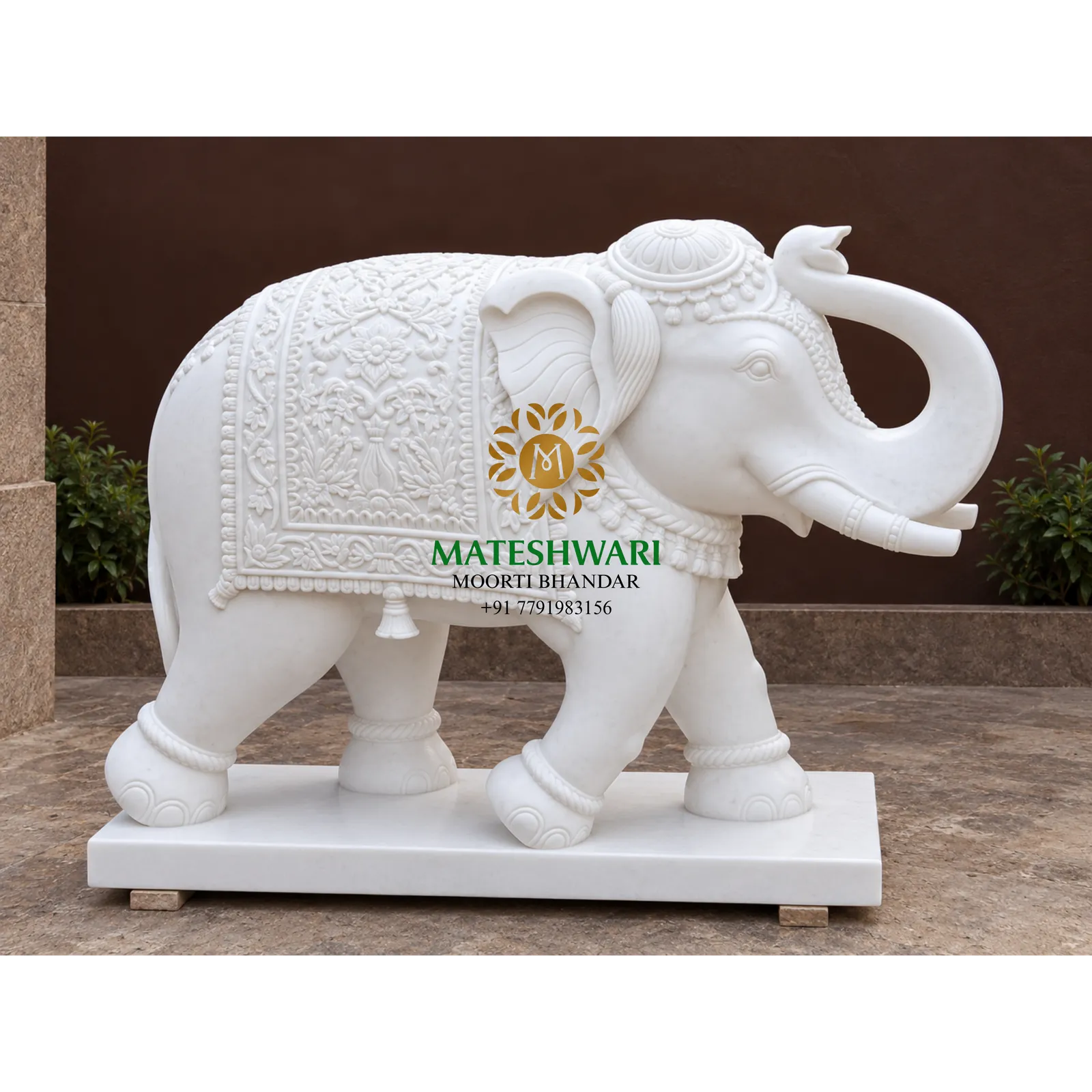 White Marble Elephant Murti with Ornate Carved Covering