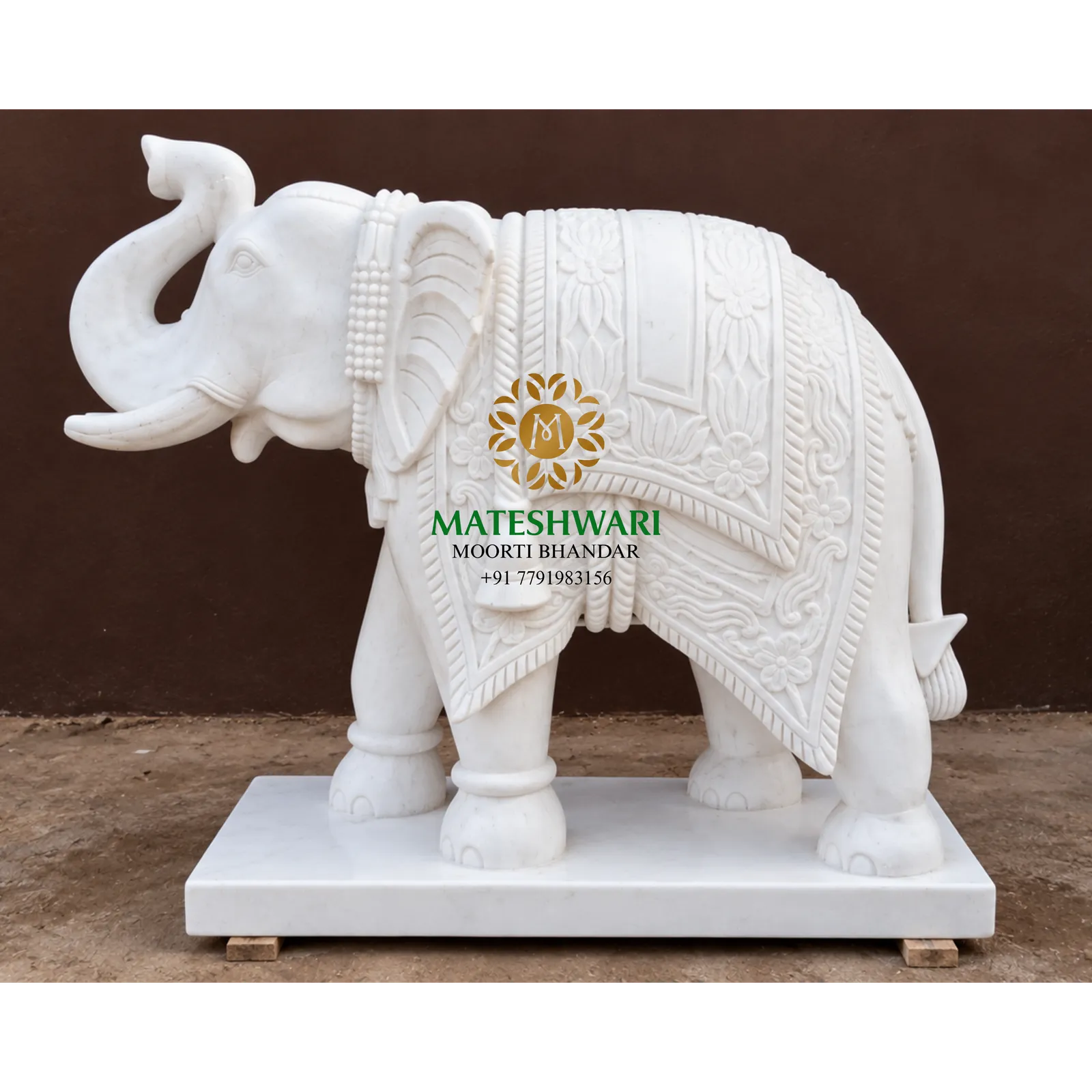 White Marble Elephant Murti with Raised Trunk & Ornate Carving
