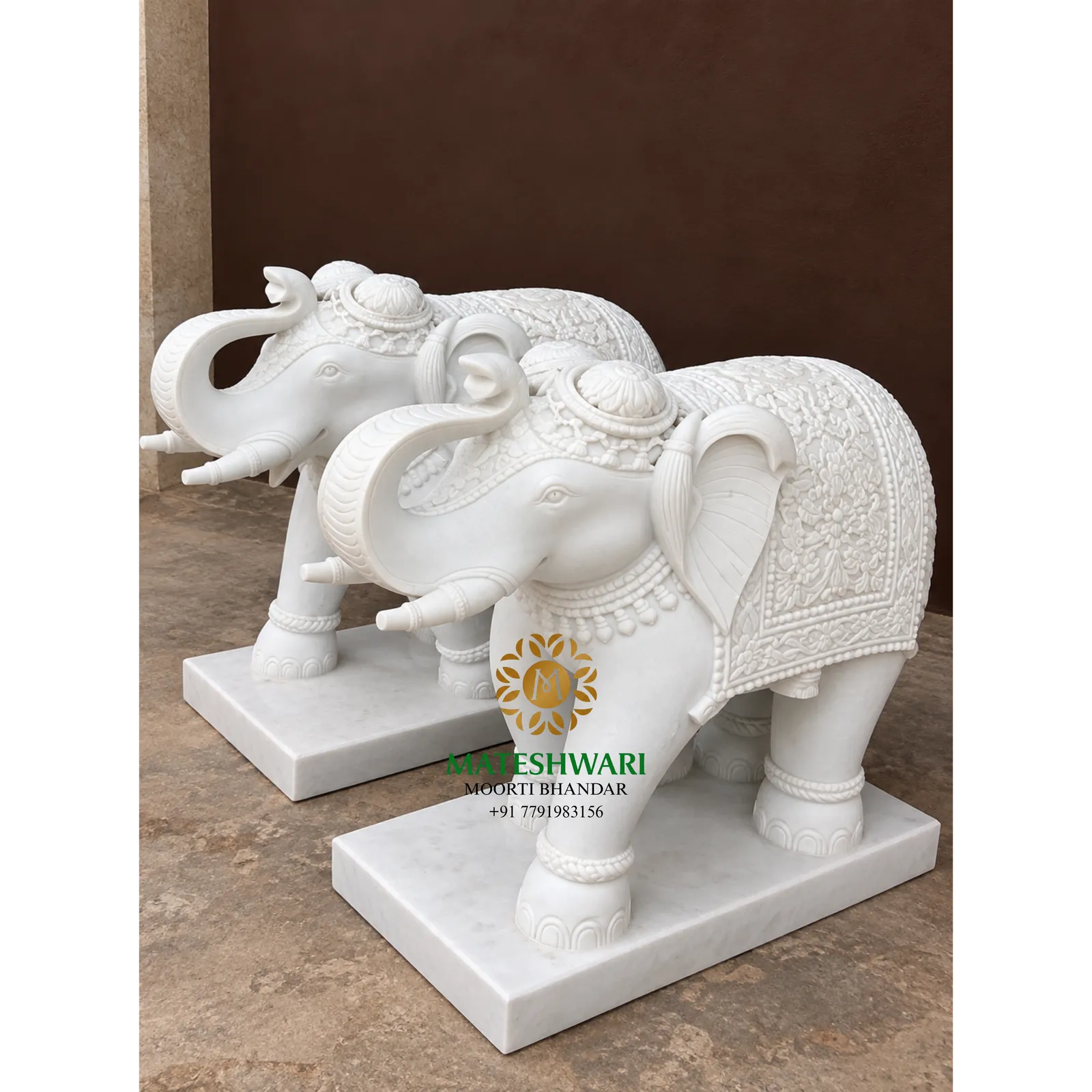 White Marble Elephant Pair with Ornate Carving