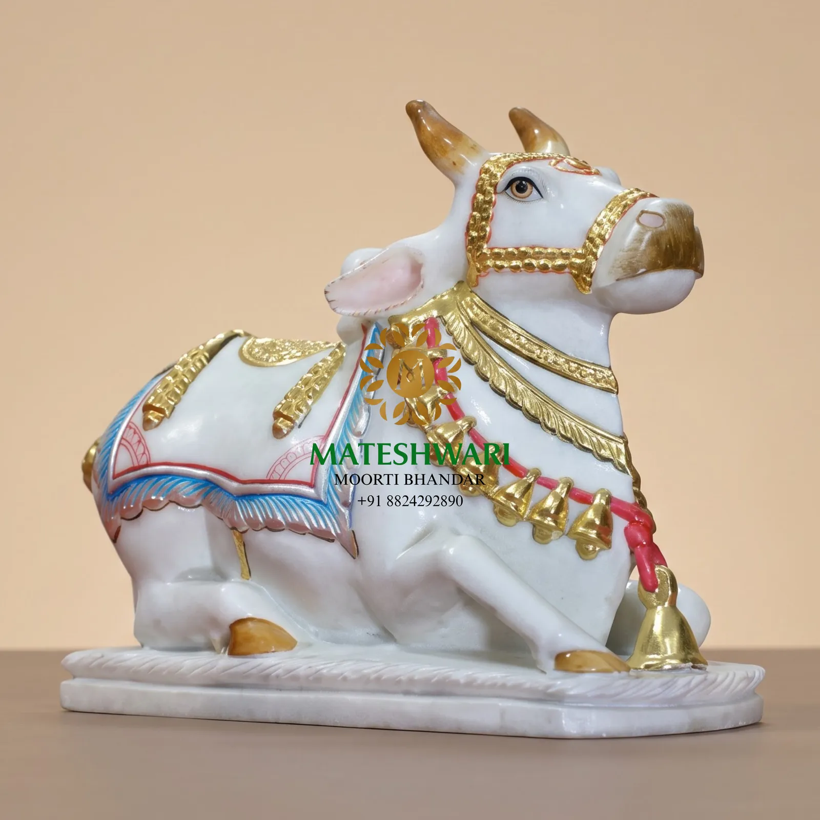 White Marble Nandi Murti with Ornamental Detailing