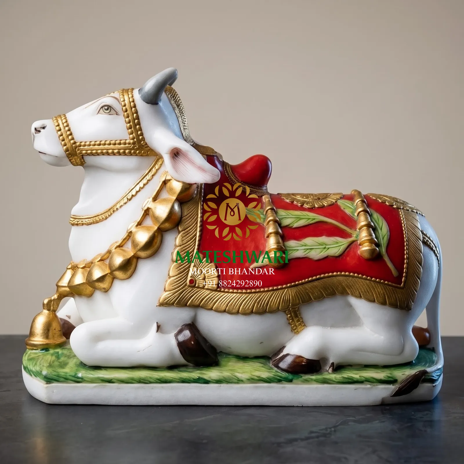 White Marble Nandi Murti with Red Ornamental Detailing