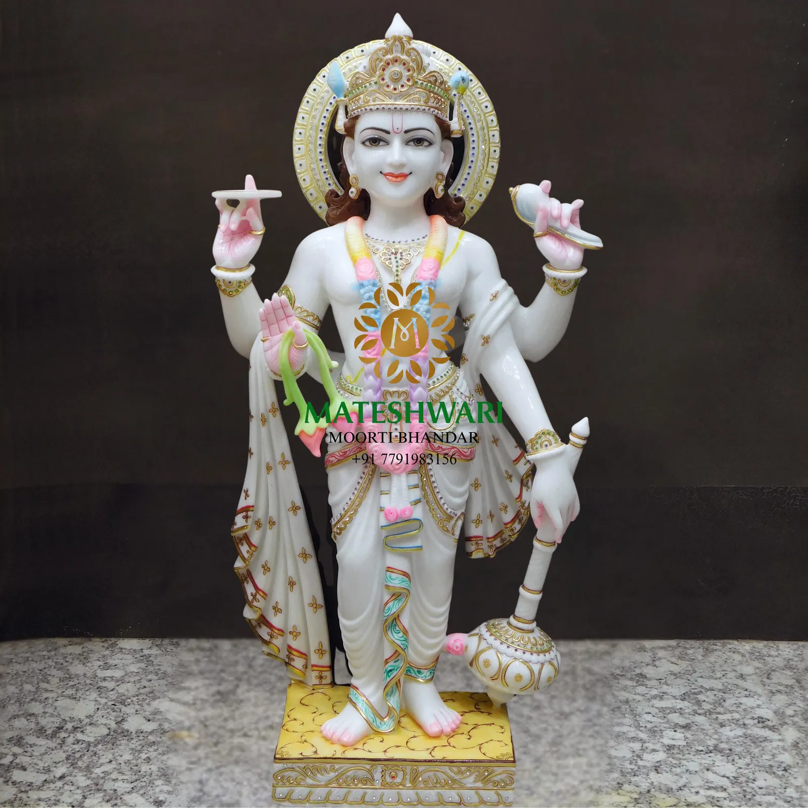 White Marble Vishnu Murti with Ornate Crown & Halo